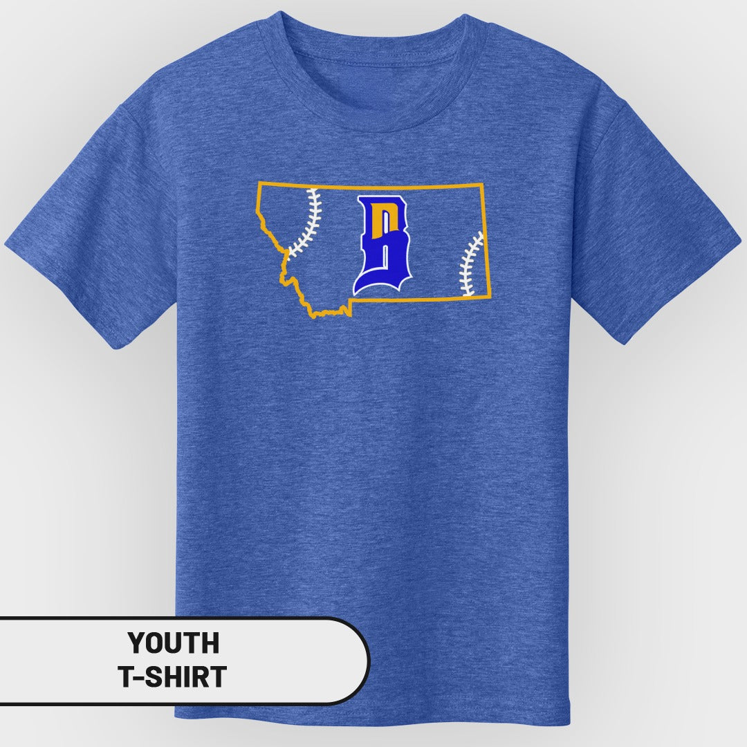 Youth t-shirt with Montana outline filled with baseball stitching and a baseball diamond logo.