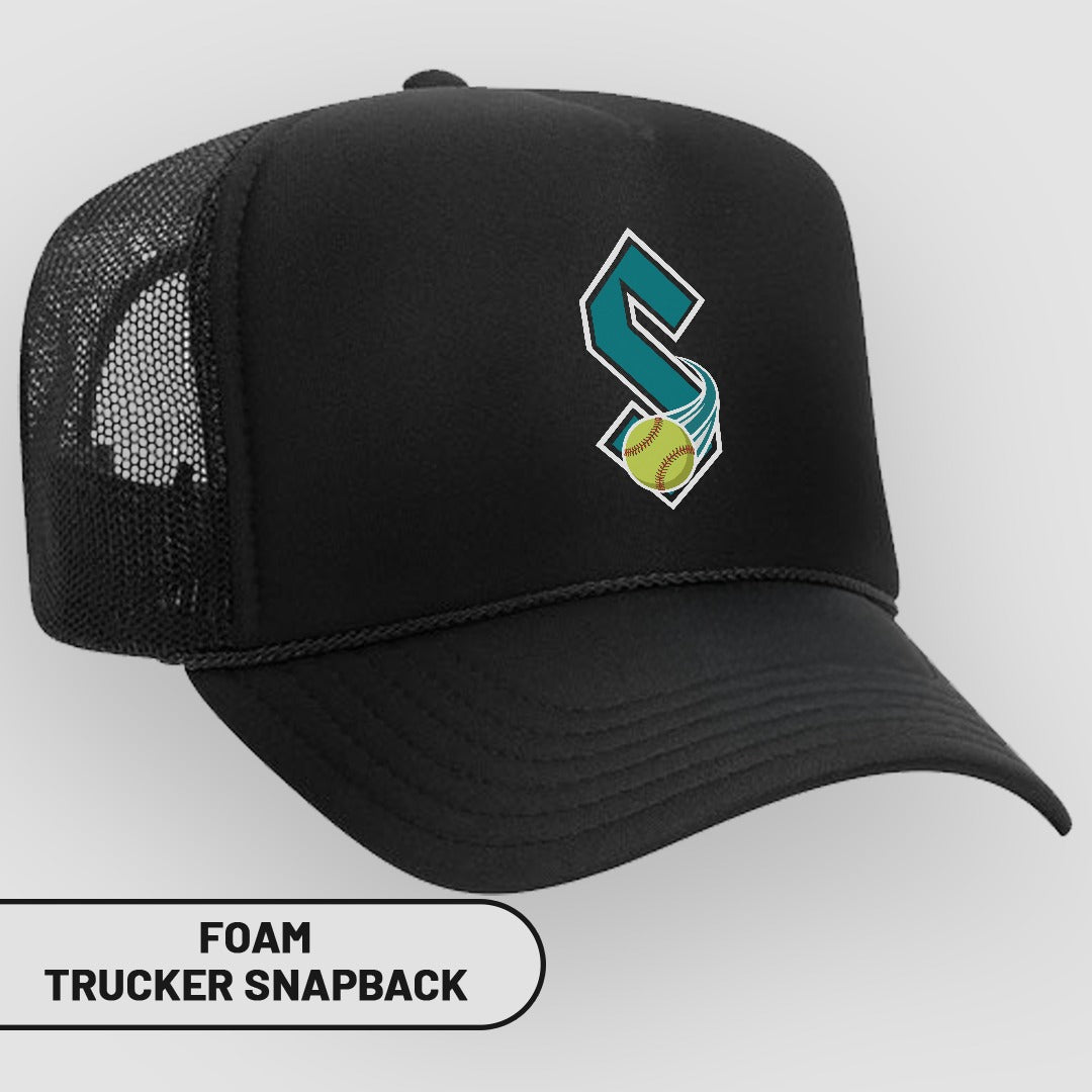 Black trucker hat with teal S logo and softball.
