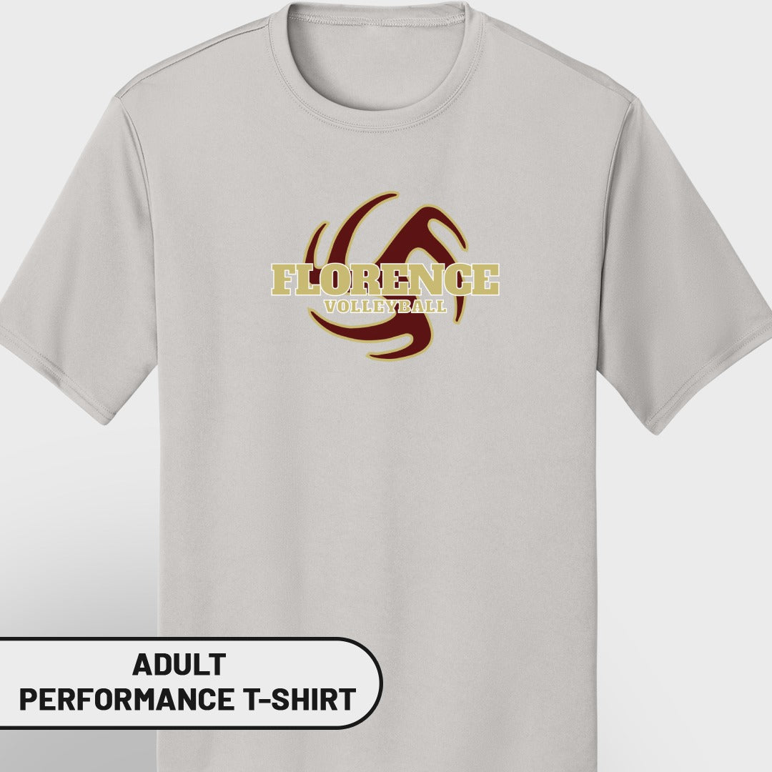 Light gray adult performance t-shirt with "FLORENCE VOLLEYBALL" logo.