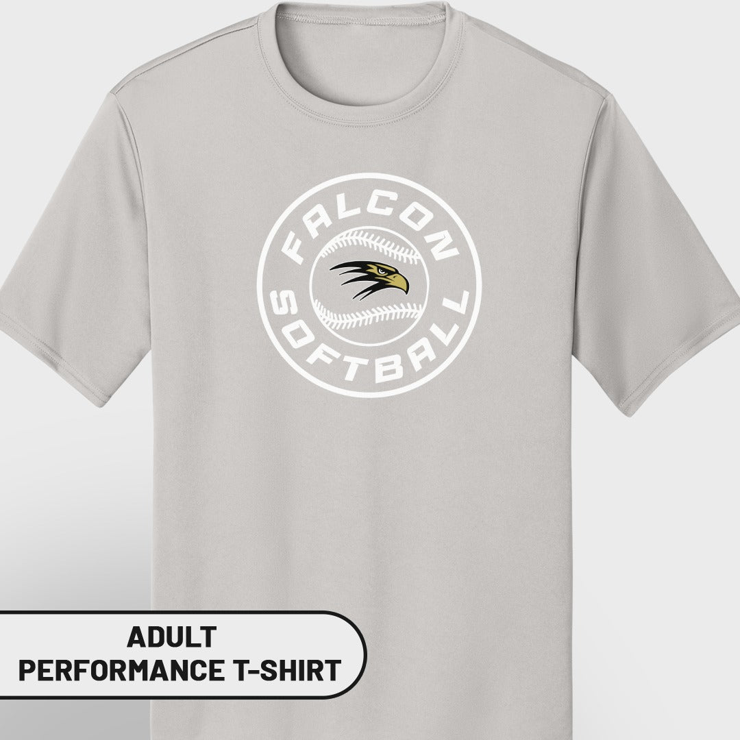 Gray adult performance t-shirt with a white circular "Falcon Softball" logo featuring a falcon head.
