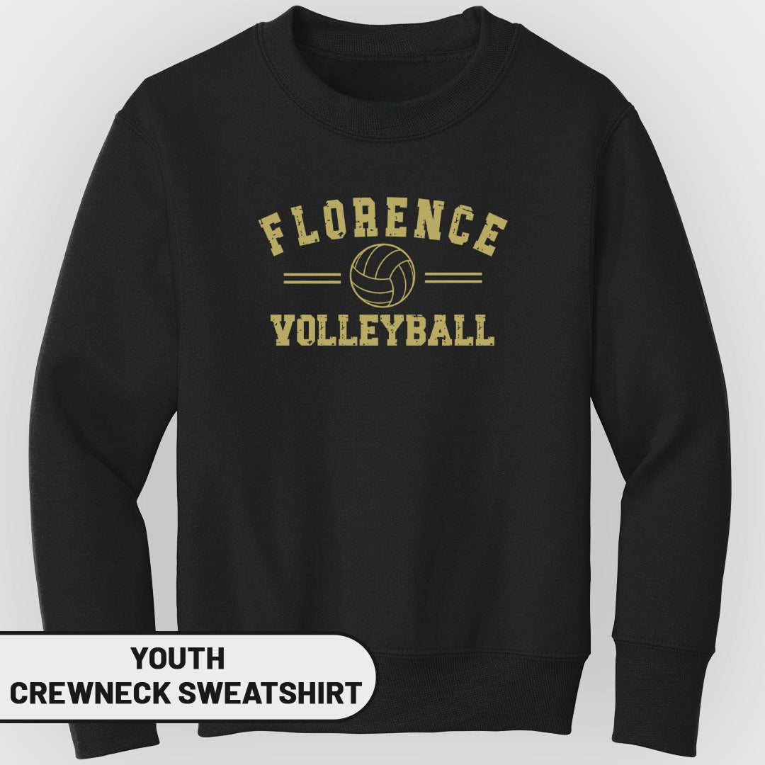 Black youth crewneck sweatshirt with "Florence Volleyball" and a volleyball graphic.