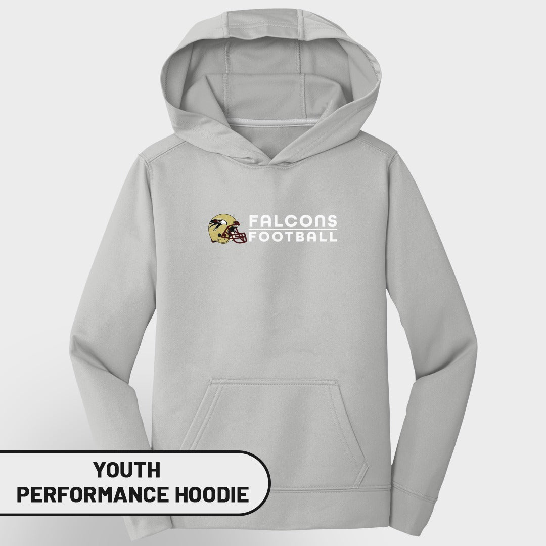 Youth performance hoodie with "Falcons Football" text and helmet logo.