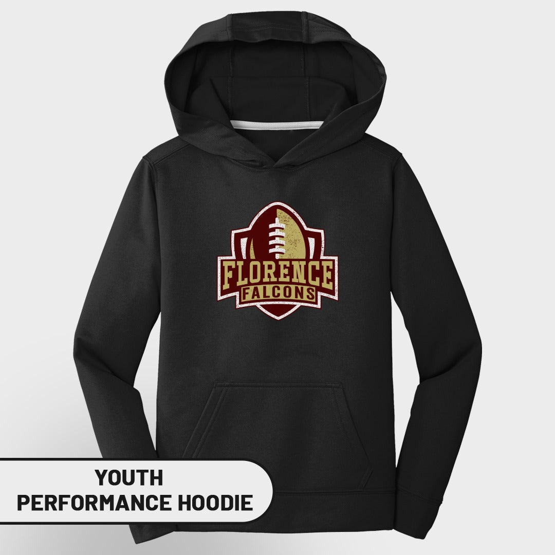 Black youth performance hoodie with Florence Falcons football team logo.