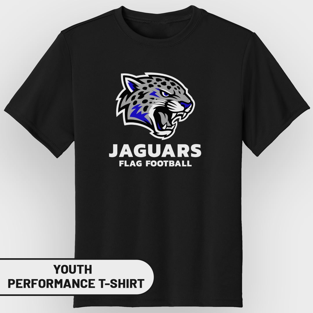 Black youth performance t-shirt with Jaguars flag football logo and text.
