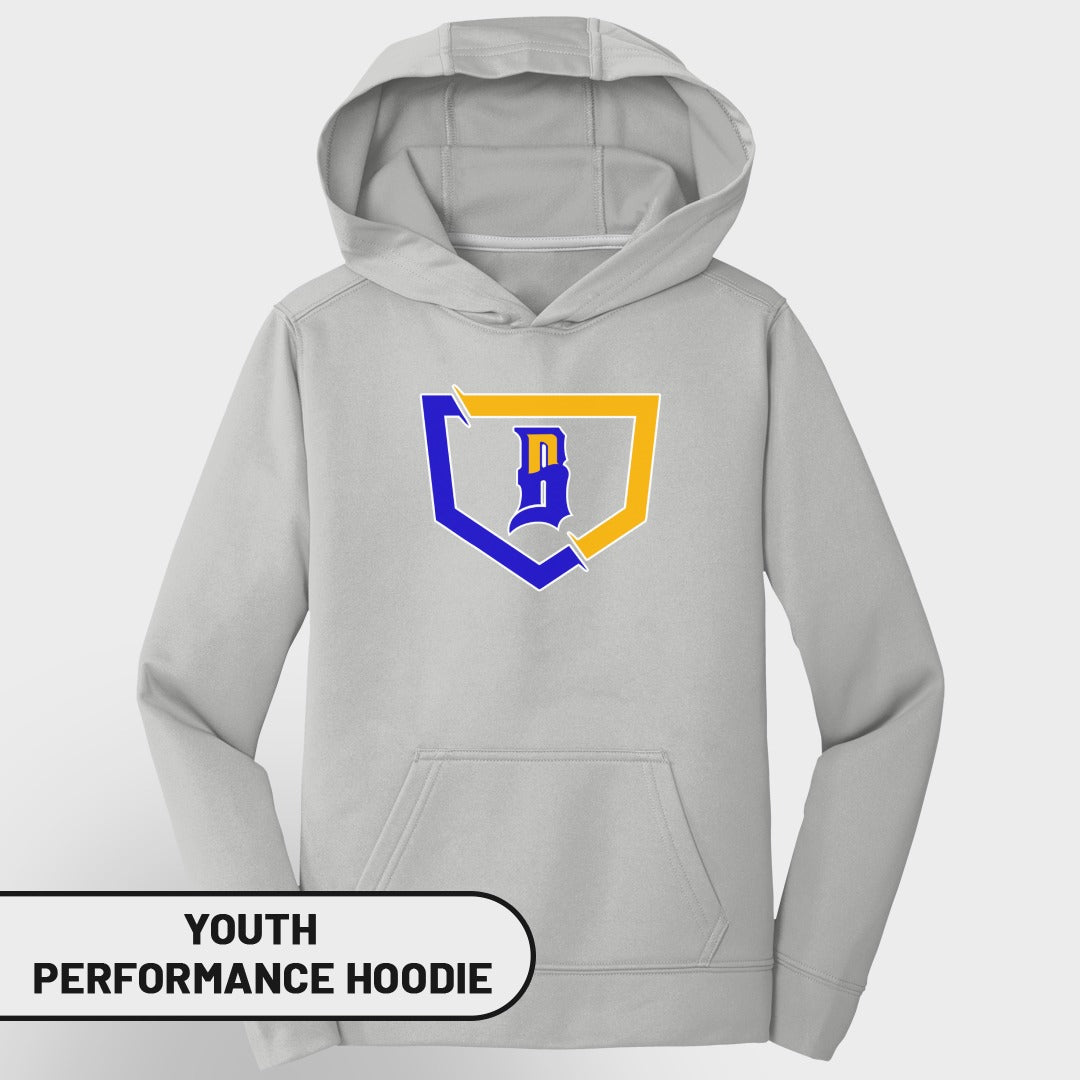 Youth performance hoodie with blue and gold "B" logo on shield.