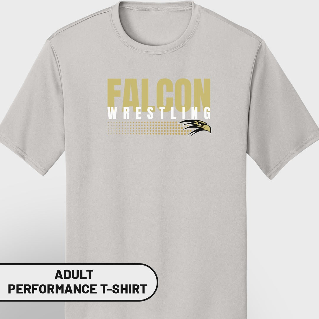 Grey performance t-shirt with "FALCON WRESTLING" text and falcon logo.
