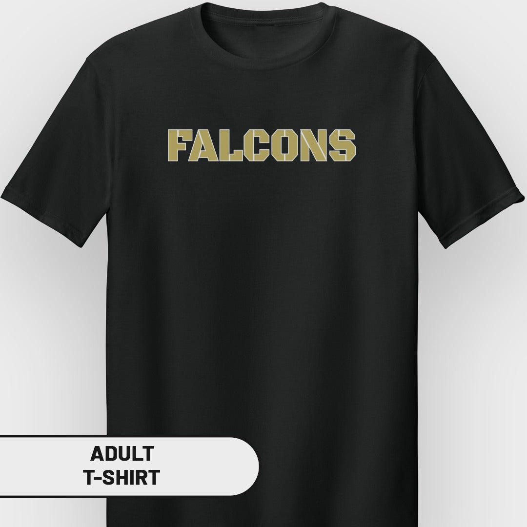 Black adult t-shirt with gold "FALCONS" text.