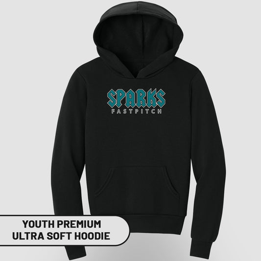 Black hoodie with "SPARKS FASTPITCH" logo, "YOUTH PREMIUM ULTRA SOFT HOODIE" text.
