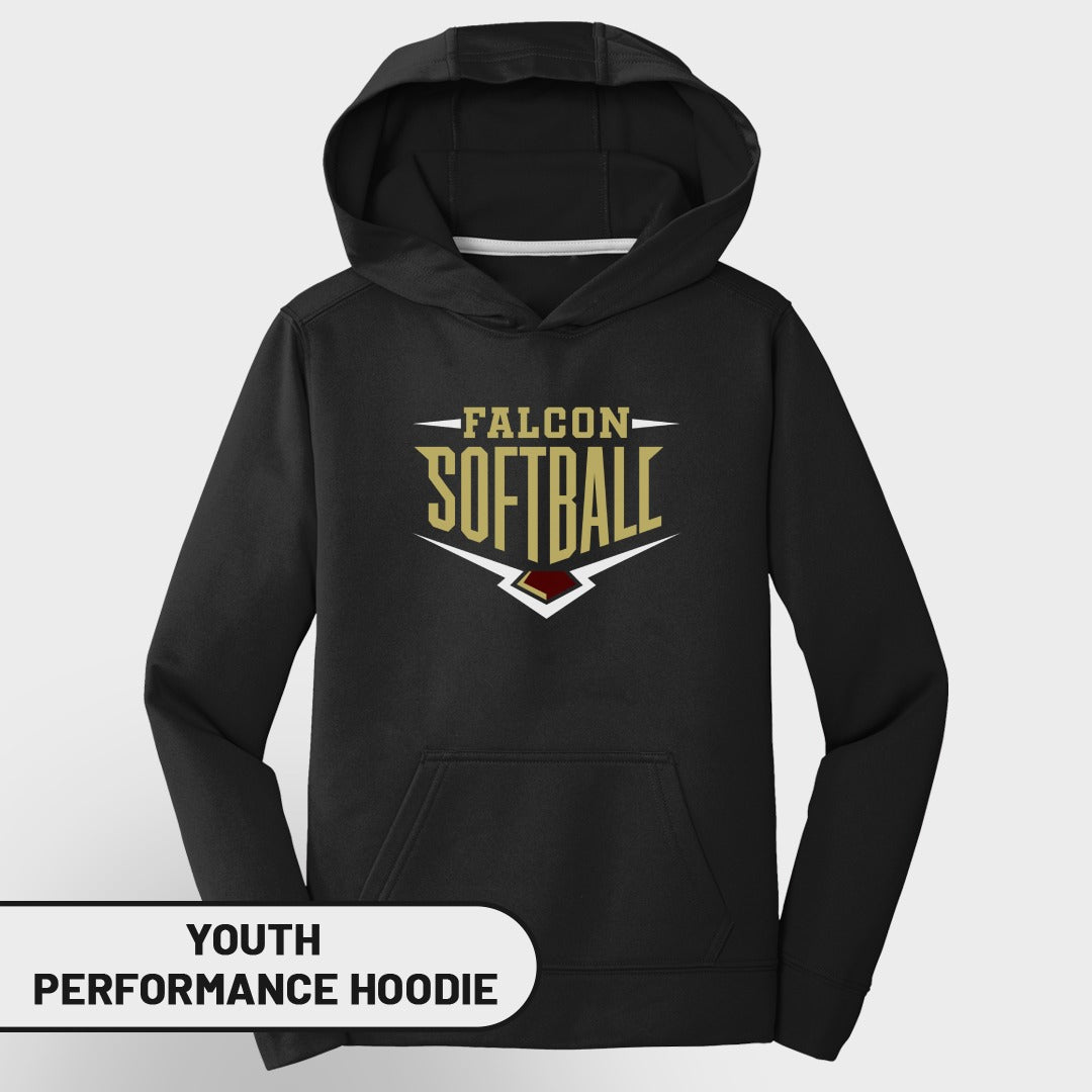 Youth black performance hoodie with "FALCON SOFTBALL" graphic.