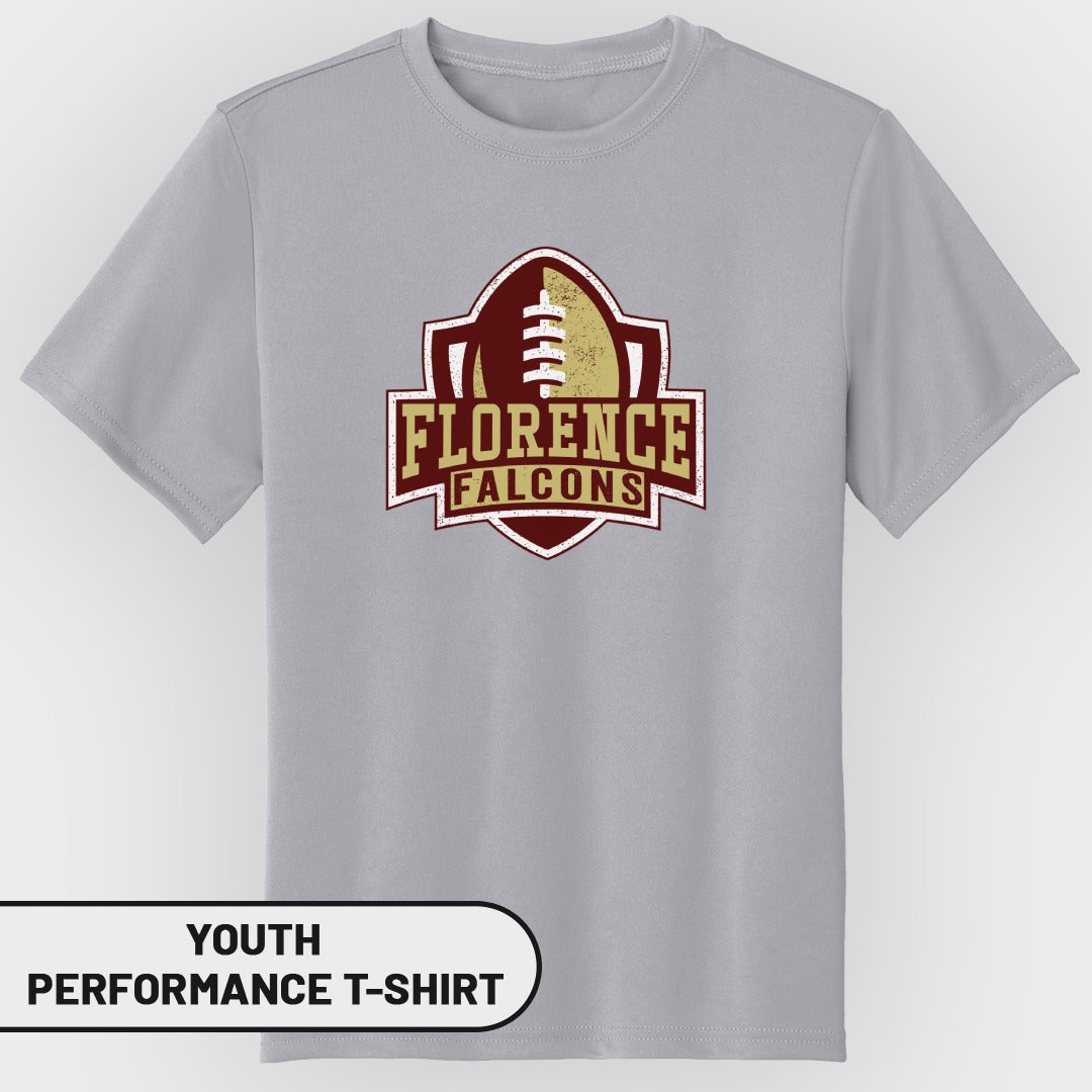 Grey youth performance t-shirt with Florence Falcons football logo.