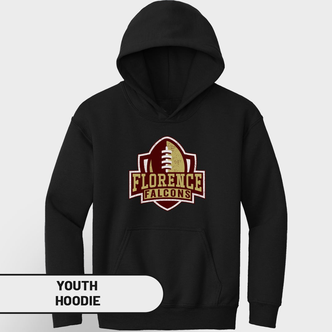 Black youth hoodie with Florence Falcons football logo.