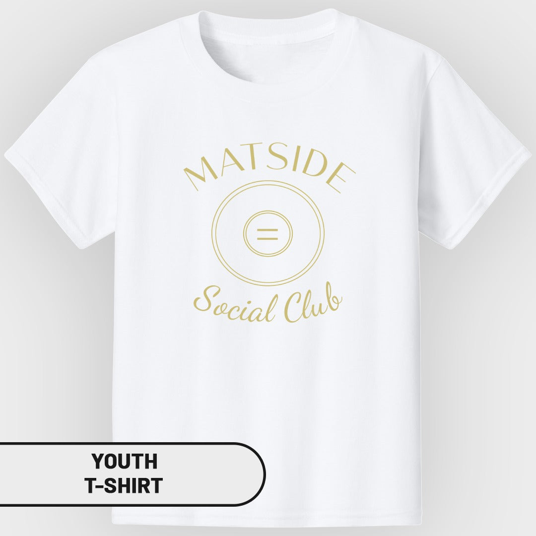 White youth t-shirt with gold "MATSIDE Social Club" text and circular graphic.