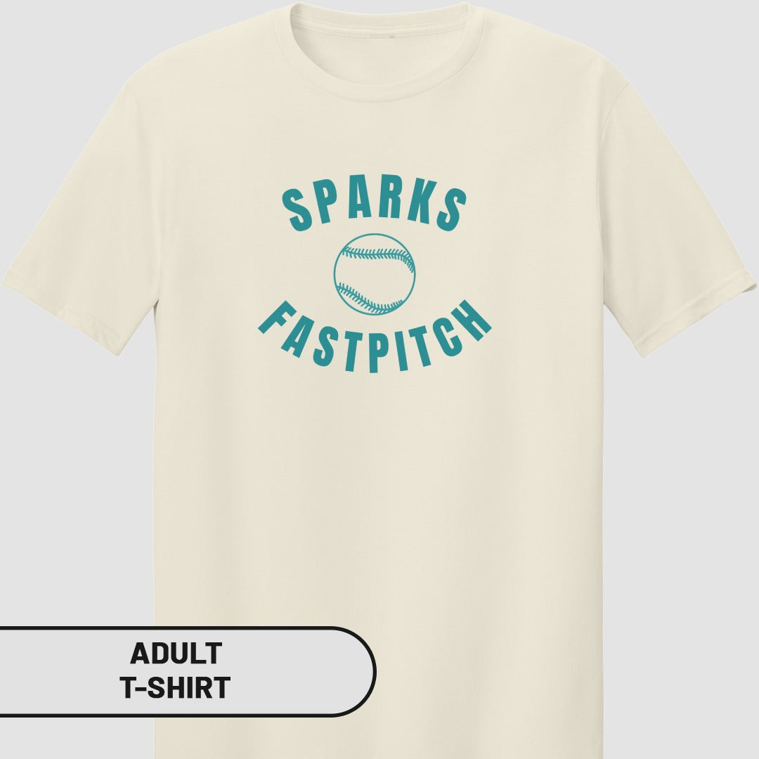 Cream t-shirt with "SPARKS FASTPITCH" and a baseball graphic.