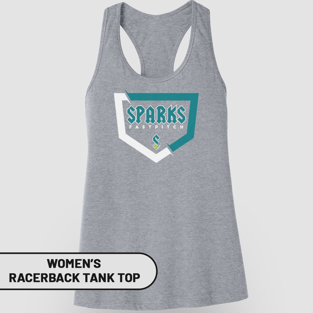 Women's gray racerback tank top with "Sparks Fastpitch" logo.