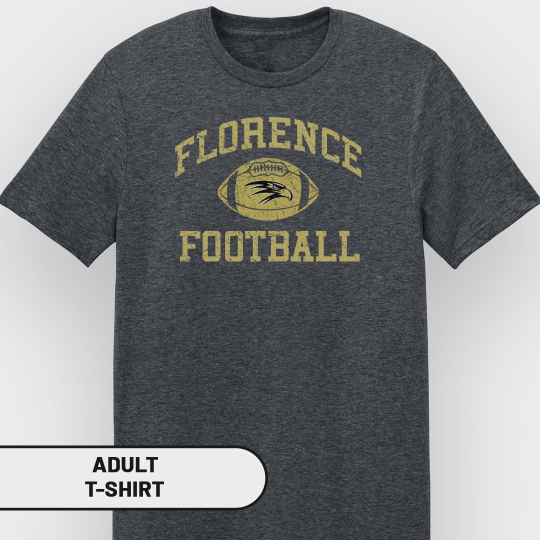 Adult t-shirt with distressed Florence Football text and eagle logo.