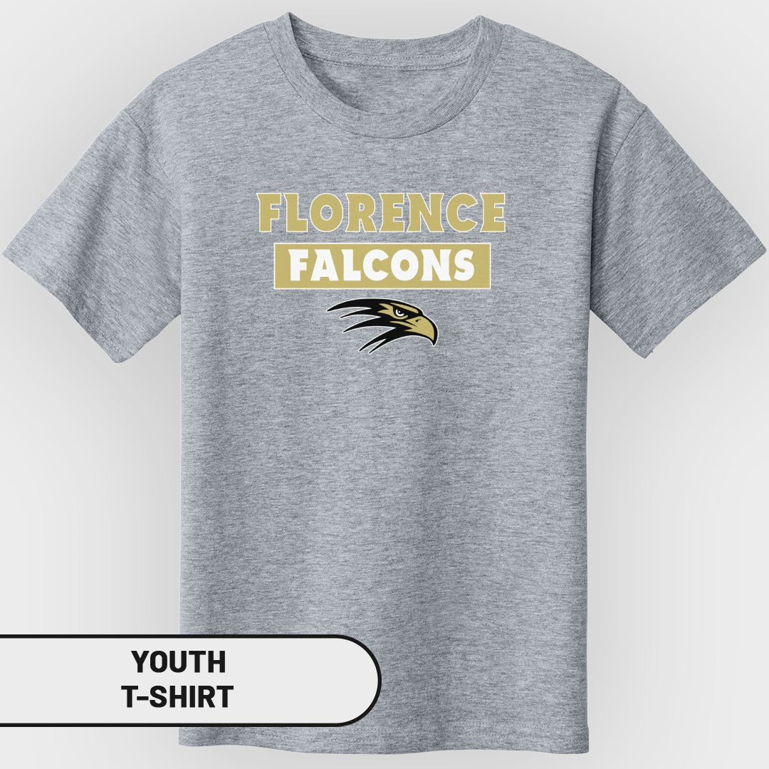 Grey youth t-shirt with "FLORENCE FALCONS" text and eagle graphic.