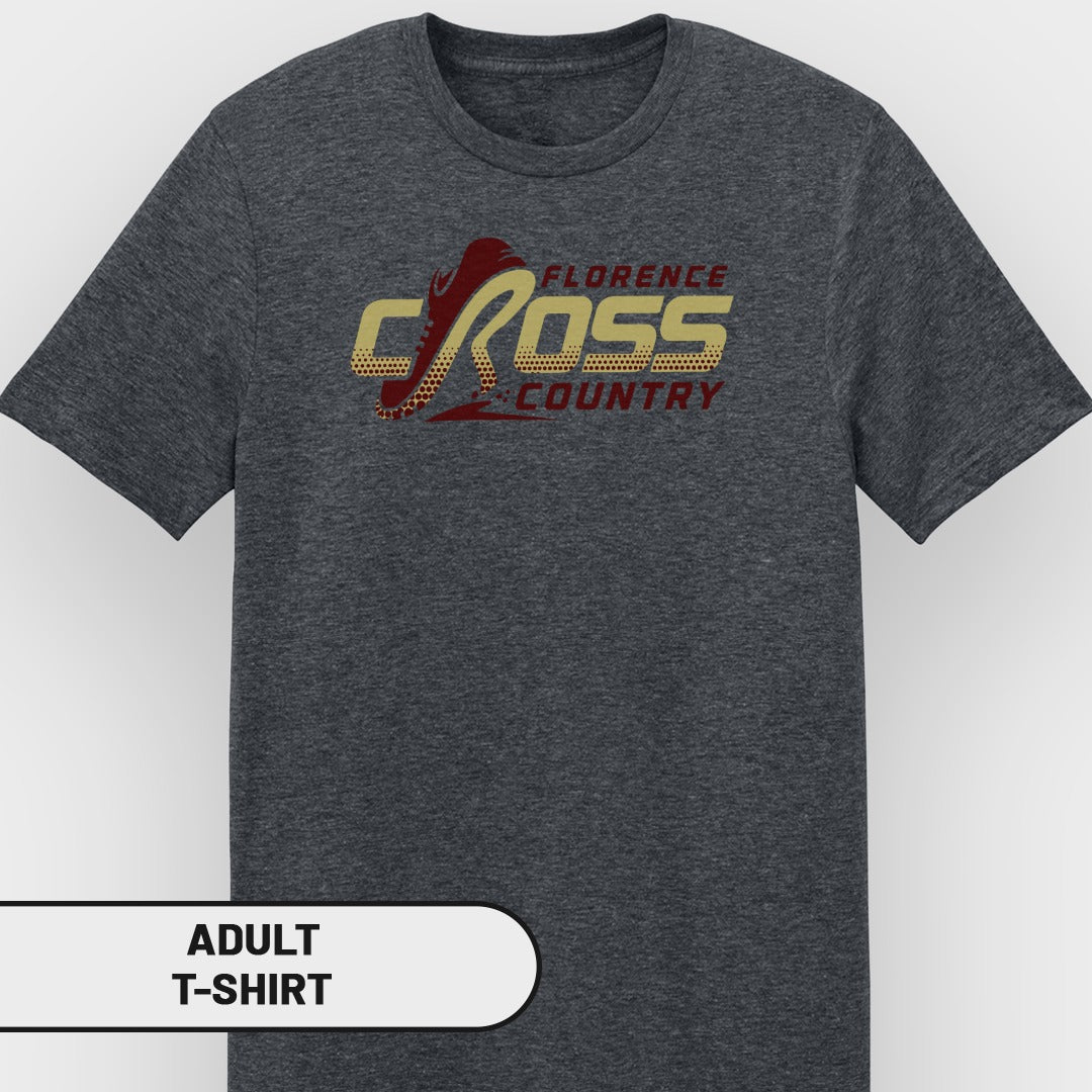 Dark gray adult t-shirt with "Florence Cross Country" and running shoe graphic.