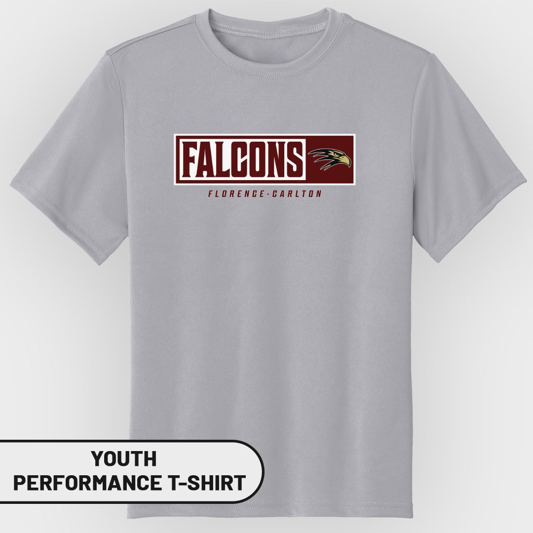Youth performance t-shirt with "FALCONS FLORENCE-CARLTON" text and falcon logo.