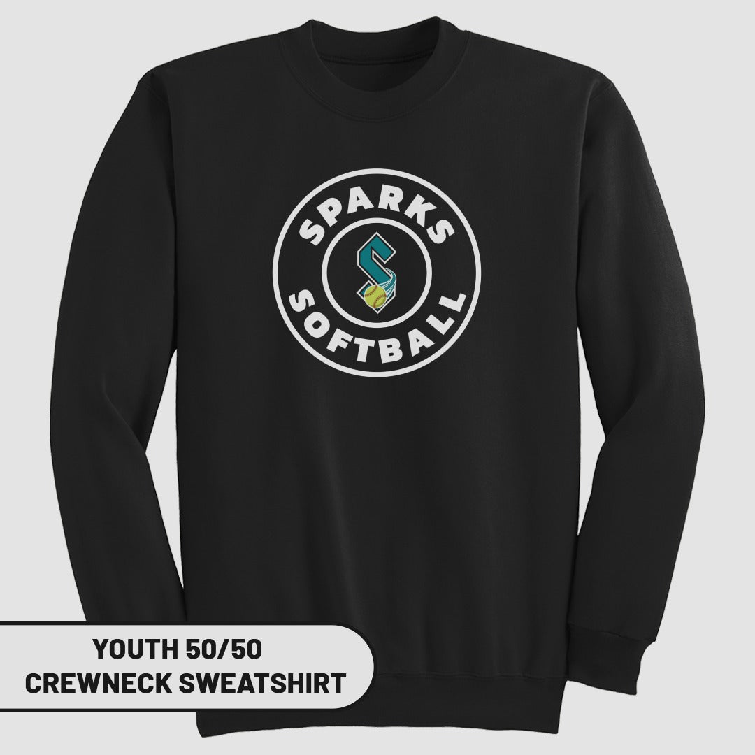 Black youth crewneck sweatshirt with "Sparks Softball" logo.