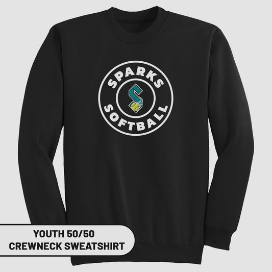 Black youth crewneck sweatshirt with "Sparks Softball" logo.