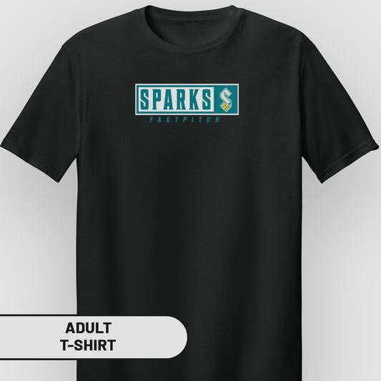 Black adult t-shirt with "SPARKS FASTPITCH" logo in teal and white.