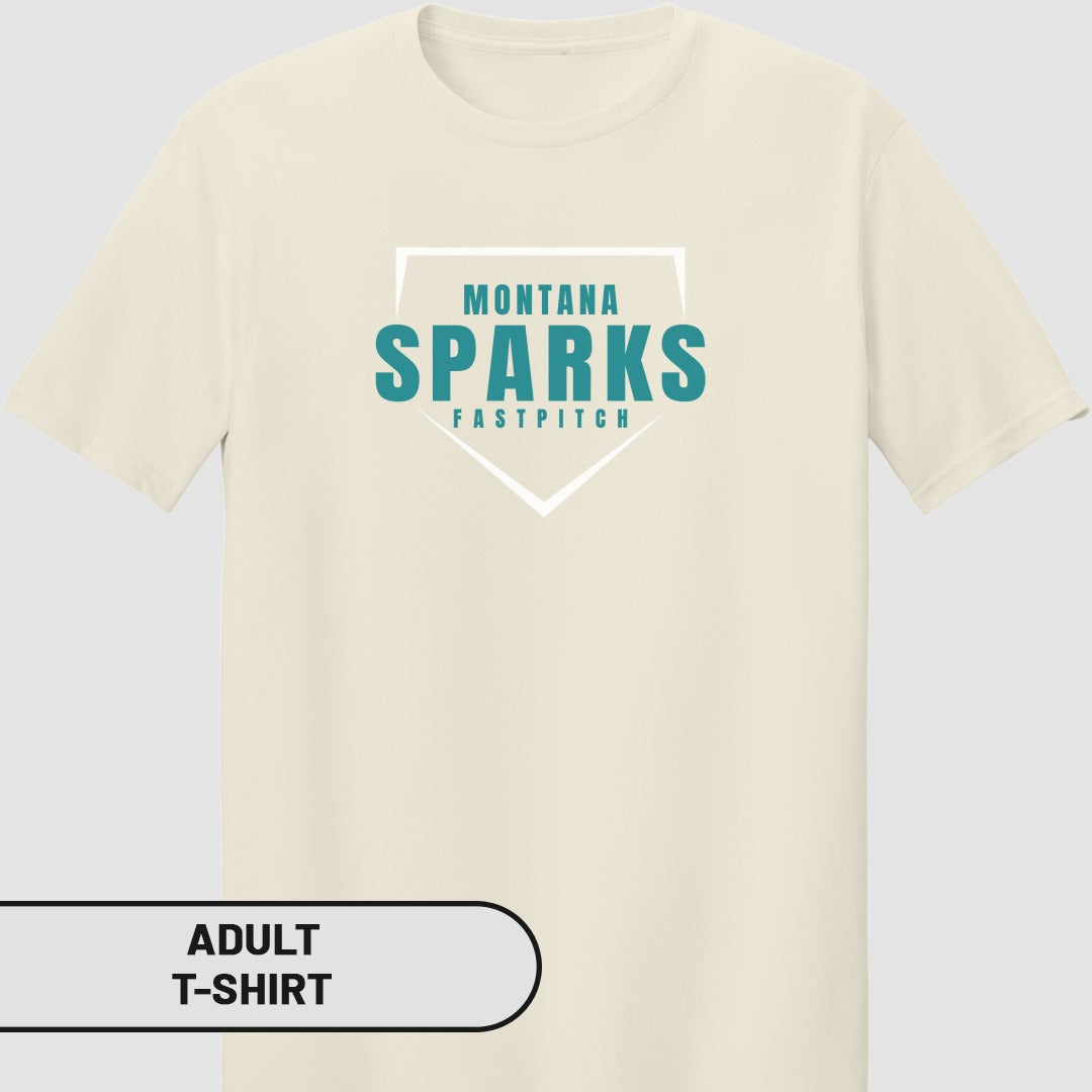 Cream adult t-shirt with "Montana Sparks Fastpitch" logo.