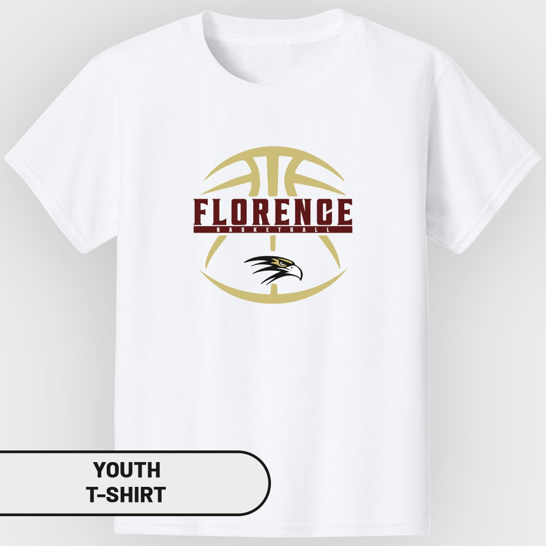 White youth t-shirt with Florence Basketball logo featuring a basketball and eagle head.