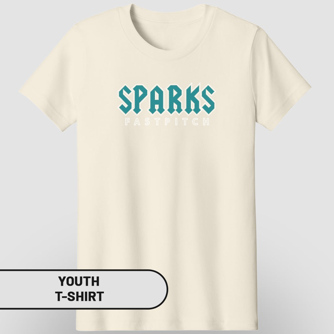 Cream youth t-shirt with "SPARKS FASTPITCH" text in teal.