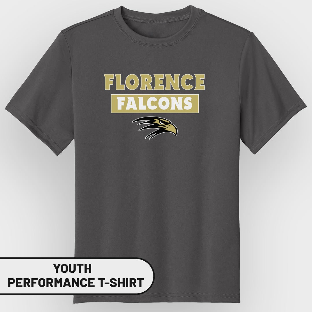 Youth charcoal gray t-shirt with "Florence Falcons" text and eagle logo.
