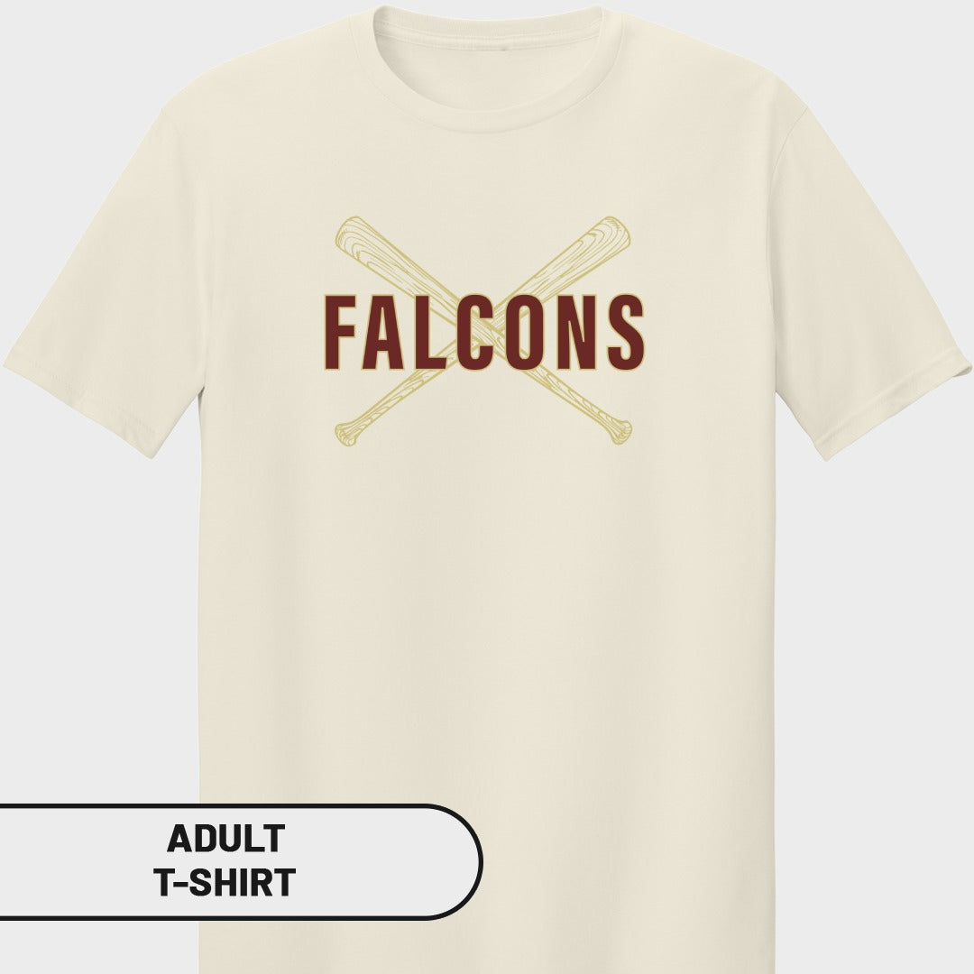 Cream adult t-shirt with crossed baseball bats and "FALCONS" text.