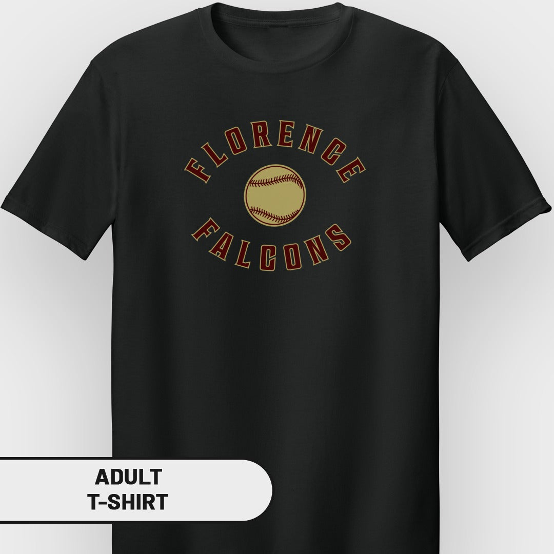 Black adult t-shirt with "Florence Falcons" text and baseball graphic.