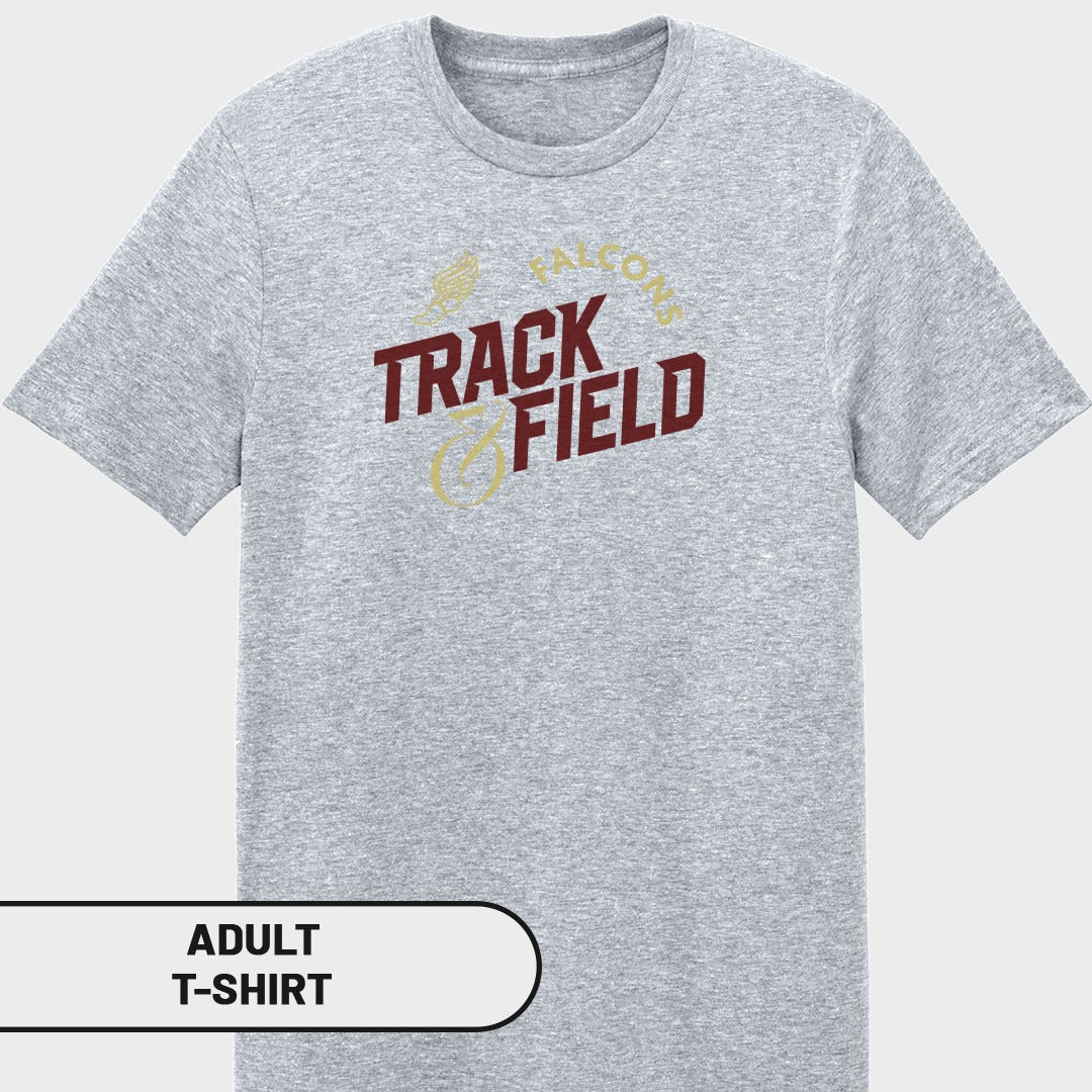 Grey adult t-shirt with "FALCONS TRACK FIELD" text and wing graphic.