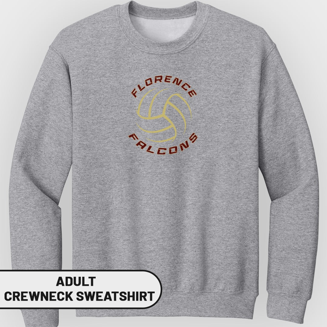 Grey adult crewneck sweatshirt with Florence Falcons volleyball logo.