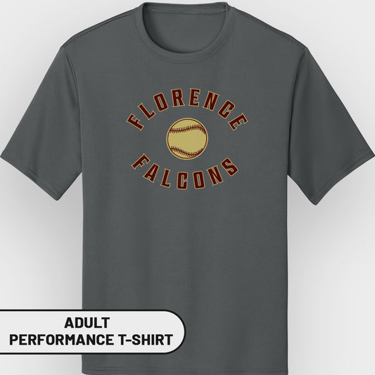 Gray adult performance t-shirt with "Florence Falcons" baseball graphic.