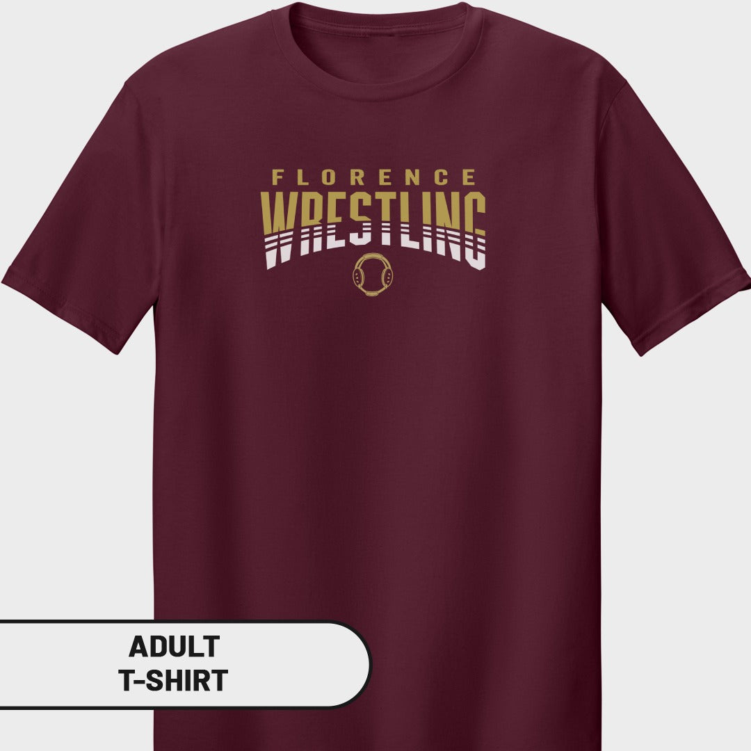 Maroon adult t-shirt with "FLORENCE WRESTLING" text and wrestling logo.