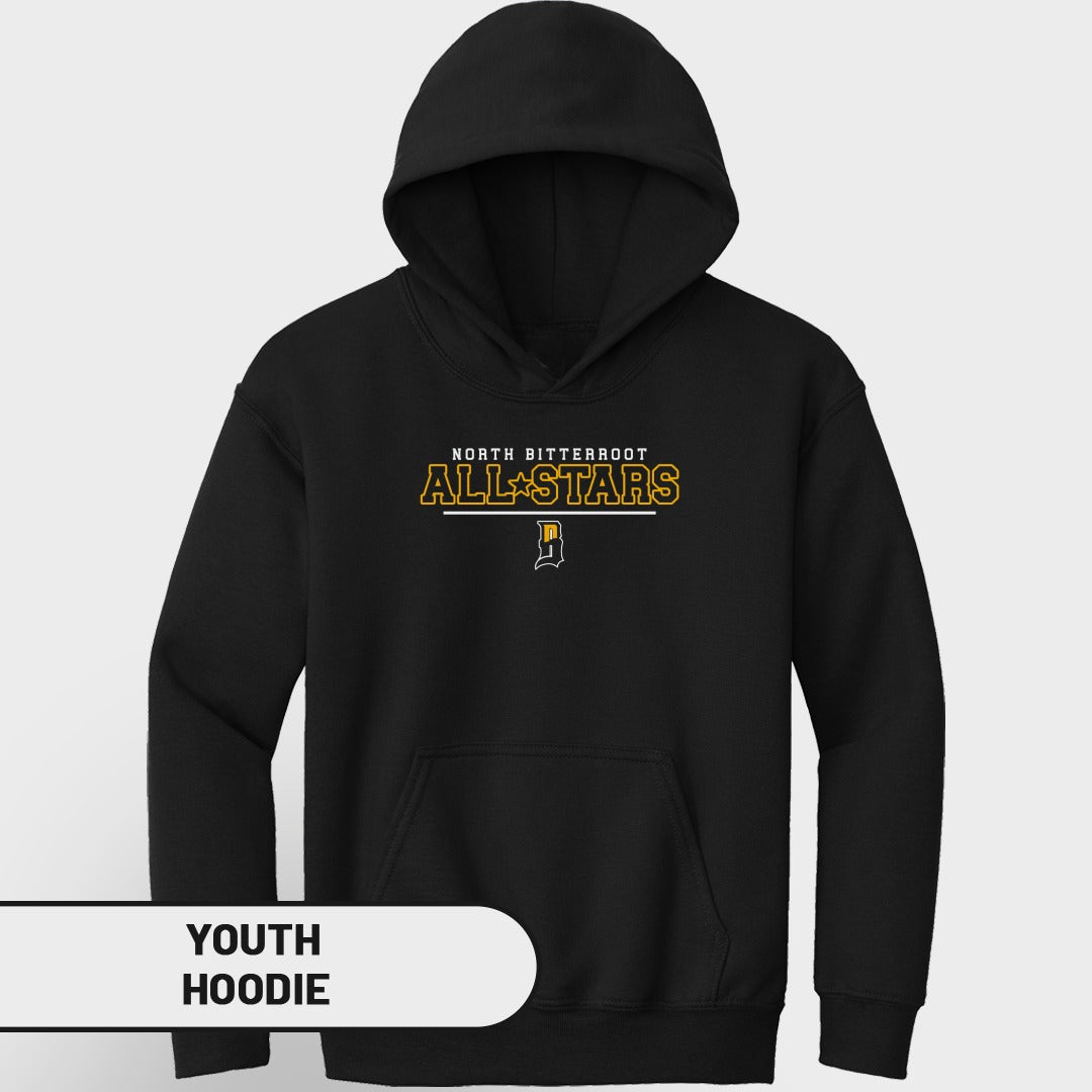 Black youth hoodie with "North Bitterroot All-Stars" text and team logo.