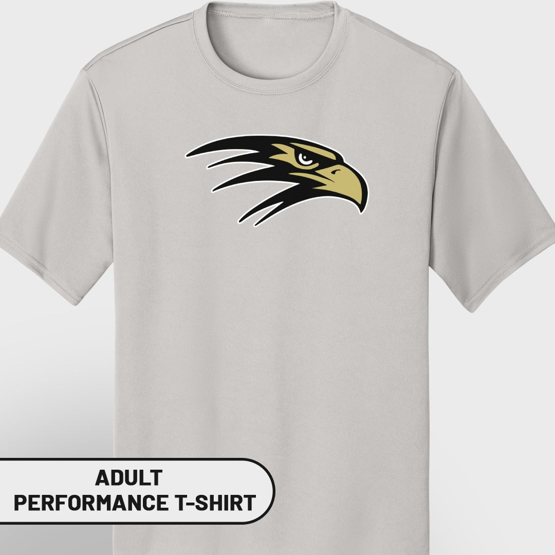 Light gray adult performance t-shirt with black and gold eagle logo.