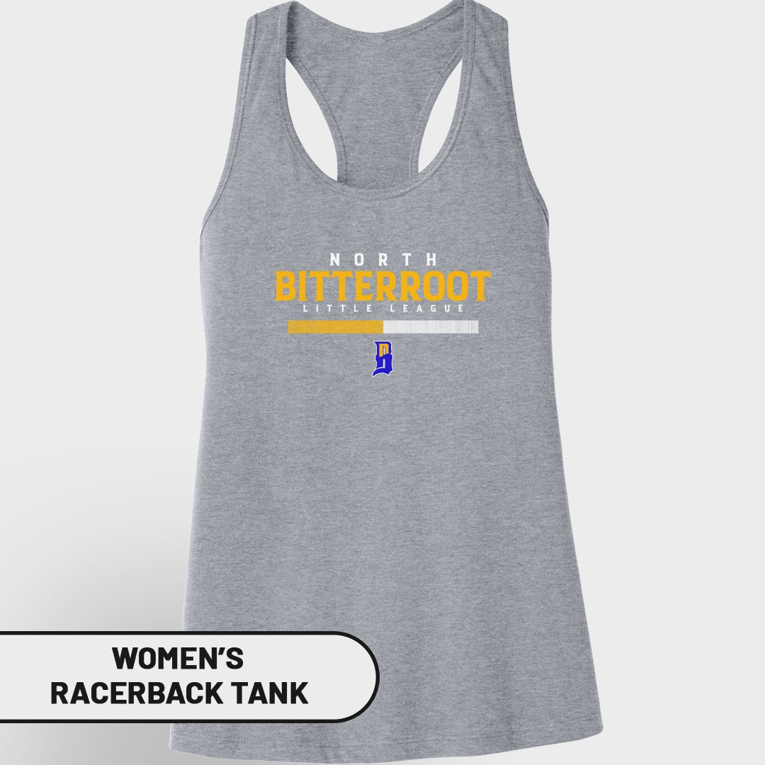 Gray women's racerback tank with "NORTH BITTERROOT LITTLE LEAGUE" logo.