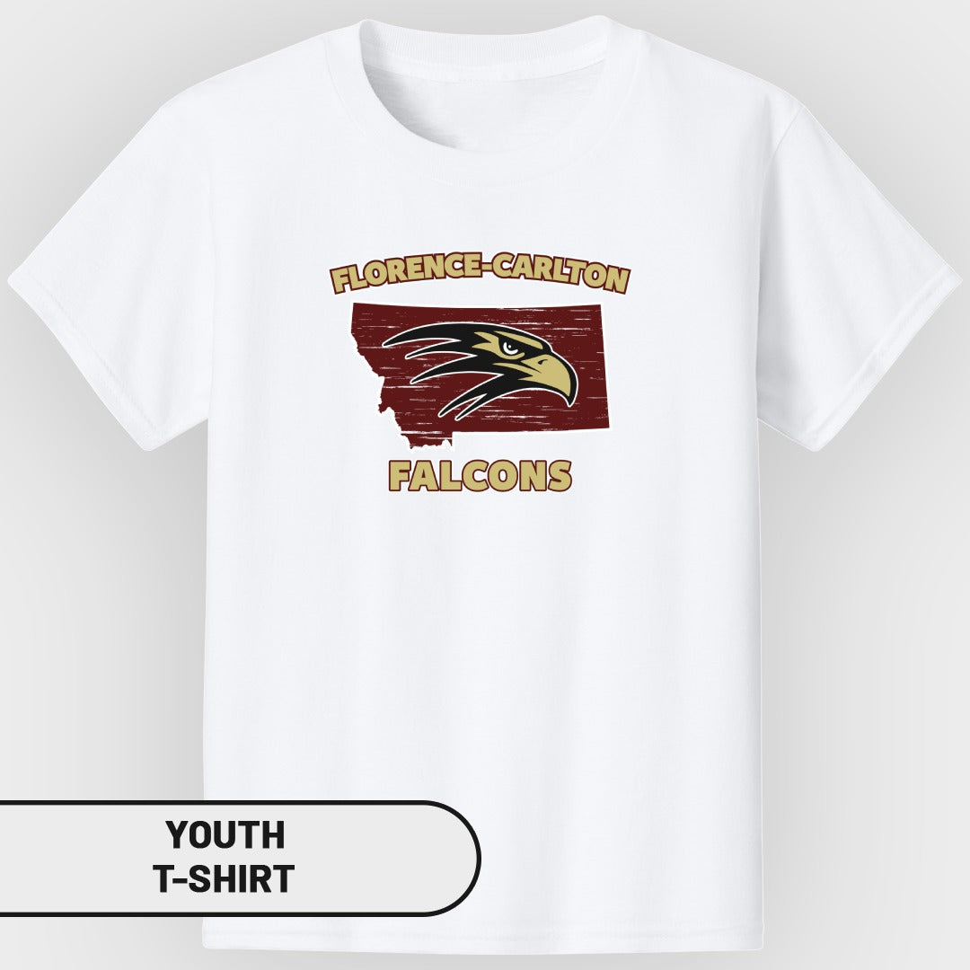 White youth t-shirt with Florence-Carlton Falcons logo featuring an eagle head over Montana state outline.