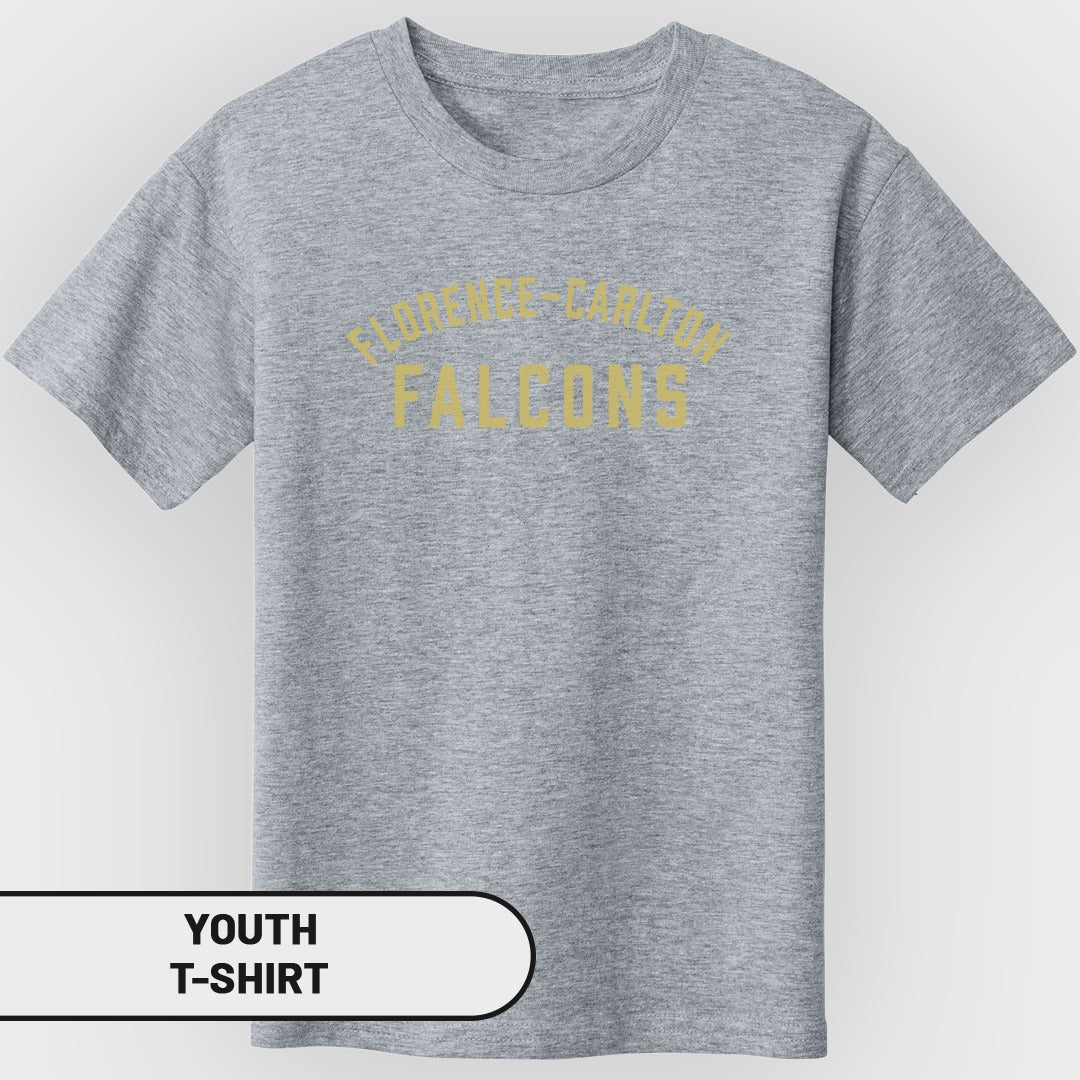 Grey youth t-shirt with yellow "Florence-Carlton Falcons" text.