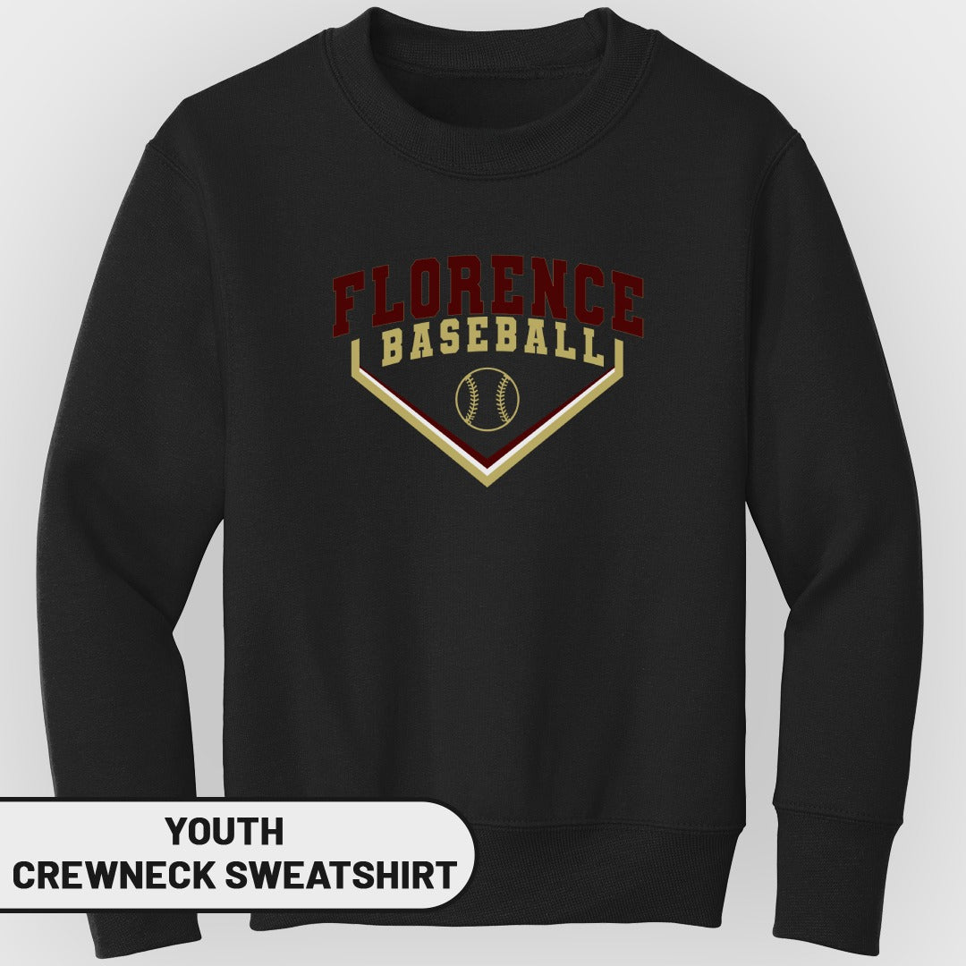 Black youth crewneck sweatshirt with "Florence Baseball" logo and baseball graphic.