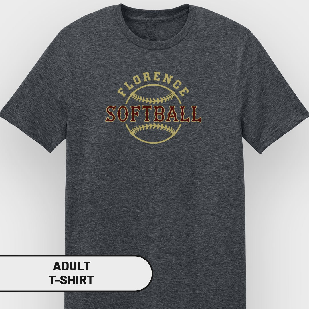 Dark grey adult t-shirt with "FLORENCE SOFTBALL" and baseball graphic.