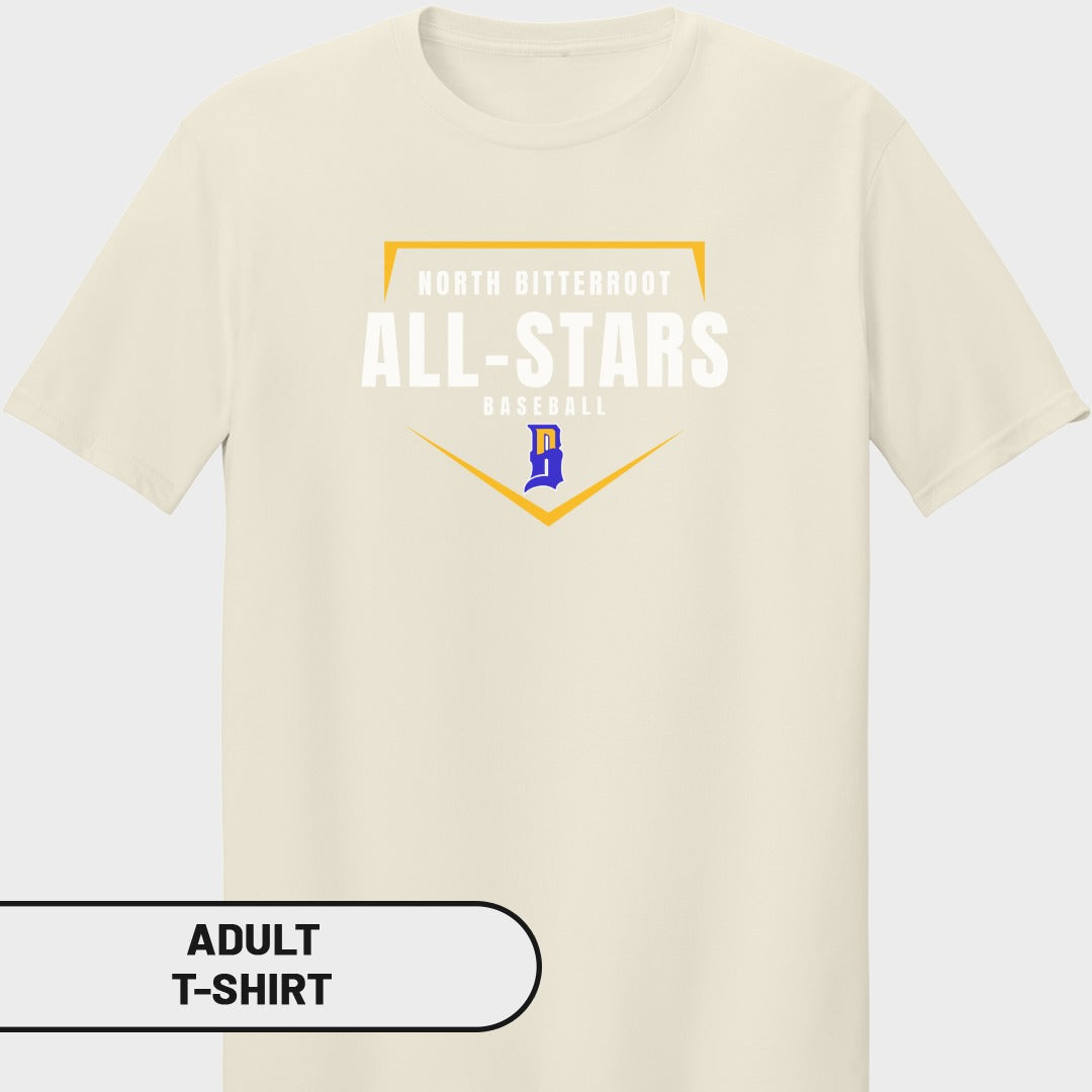 Cream t-shirt with "North Bitterroot All-Stars Baseball" and a blue 'D' logo.