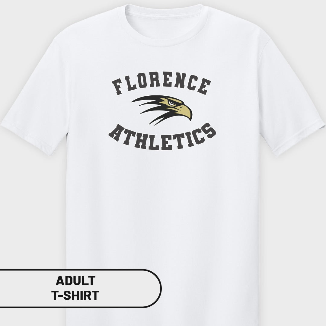 White adult t-shirt with "FLORENCE ATHLETICS" and eagle logo.