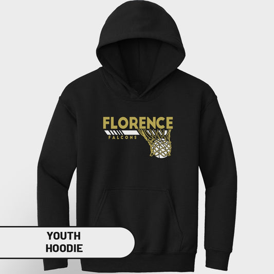 Black youth hoodie with "FLORENCE FALCONS" basketball graphic and net.