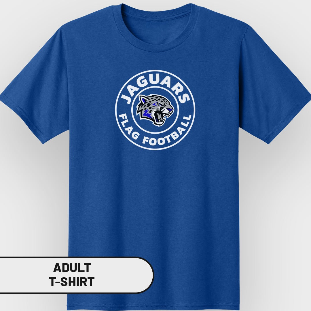Blue t-shirt with "JAGUARS FLAG FOOTBALL" and jaguar graphic.