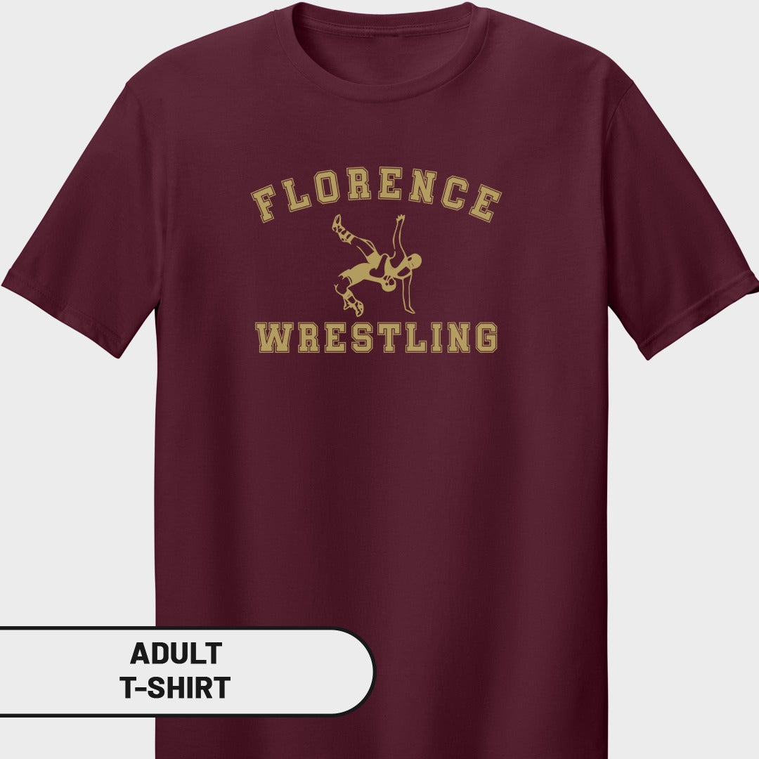 Maroon adult t-shirt with "Florence Wrestling" text and wrestling graphic.