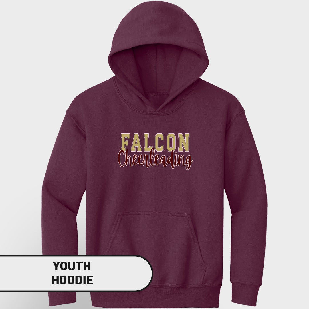 Maroon youth hoodie with gold "FALCON Cheerleading" text.