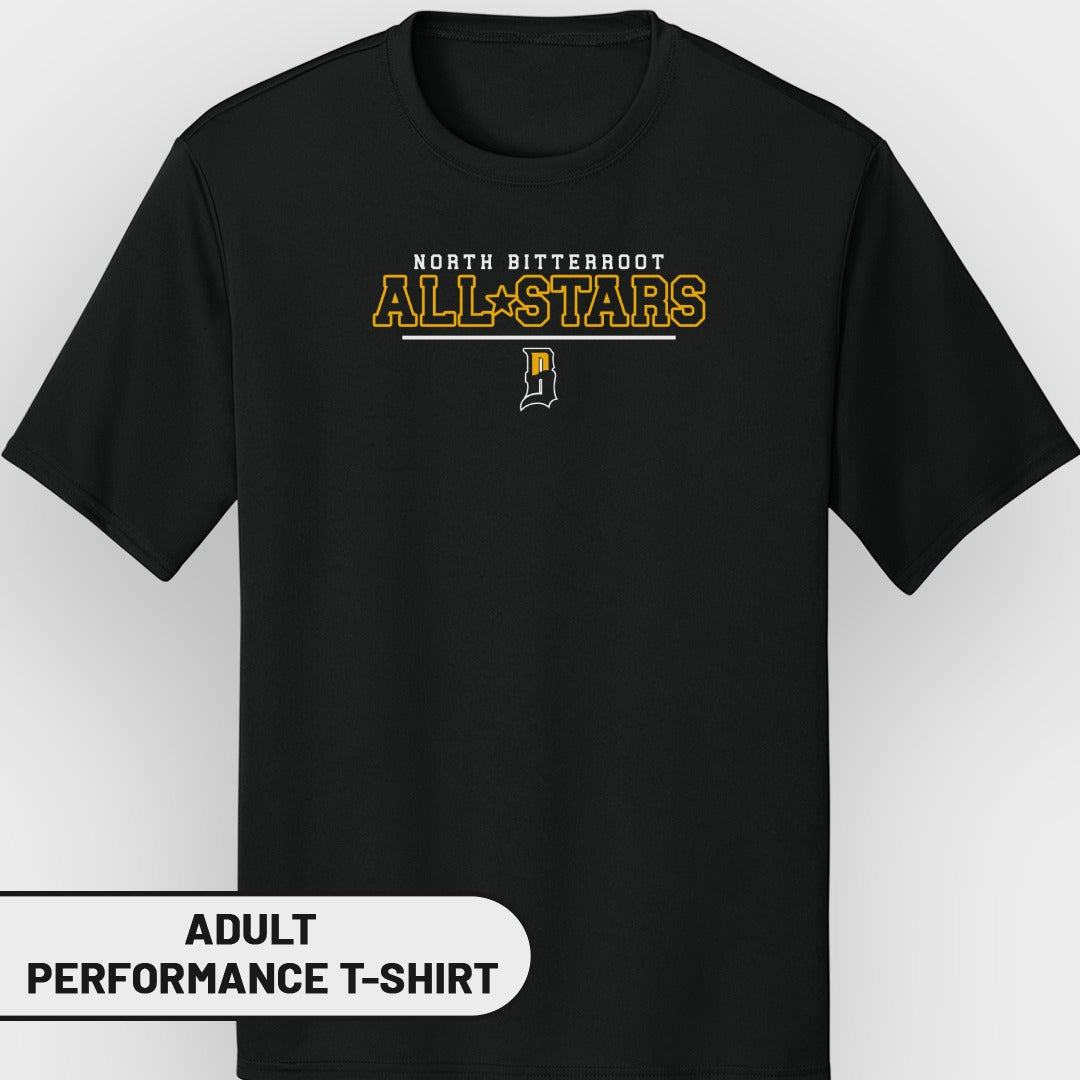 Black adult performance t-shirt with "North Bitterroot All Stars" text.