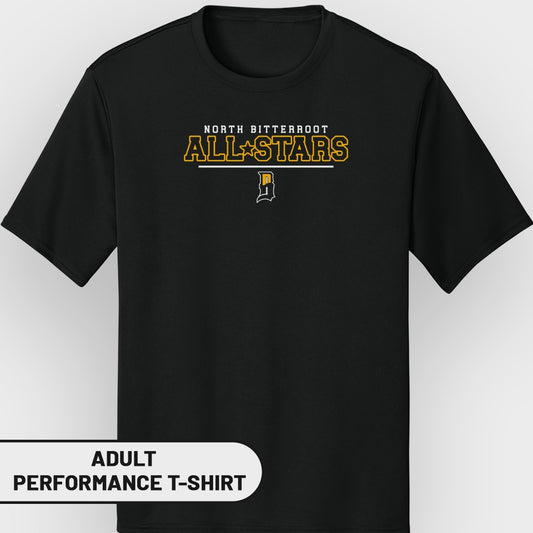 Black adult performance t-shirt with "North Bitterroot All Stars" text.
